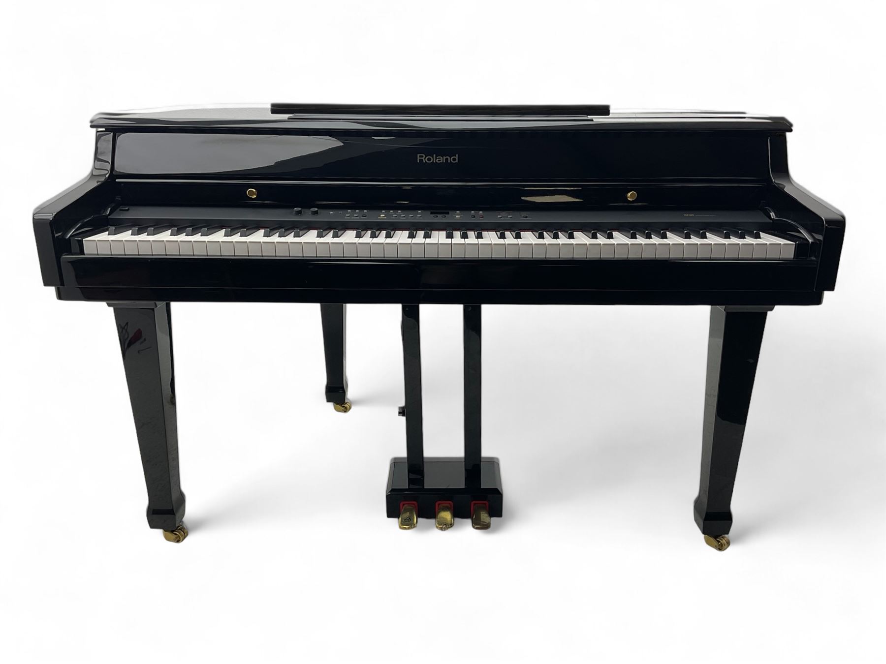 Roland - HP-109 digital mini-grand piano, in black high gloss lacquered case, on square tapering supports with spade feet and brass castors; together with matching adjustable stool 