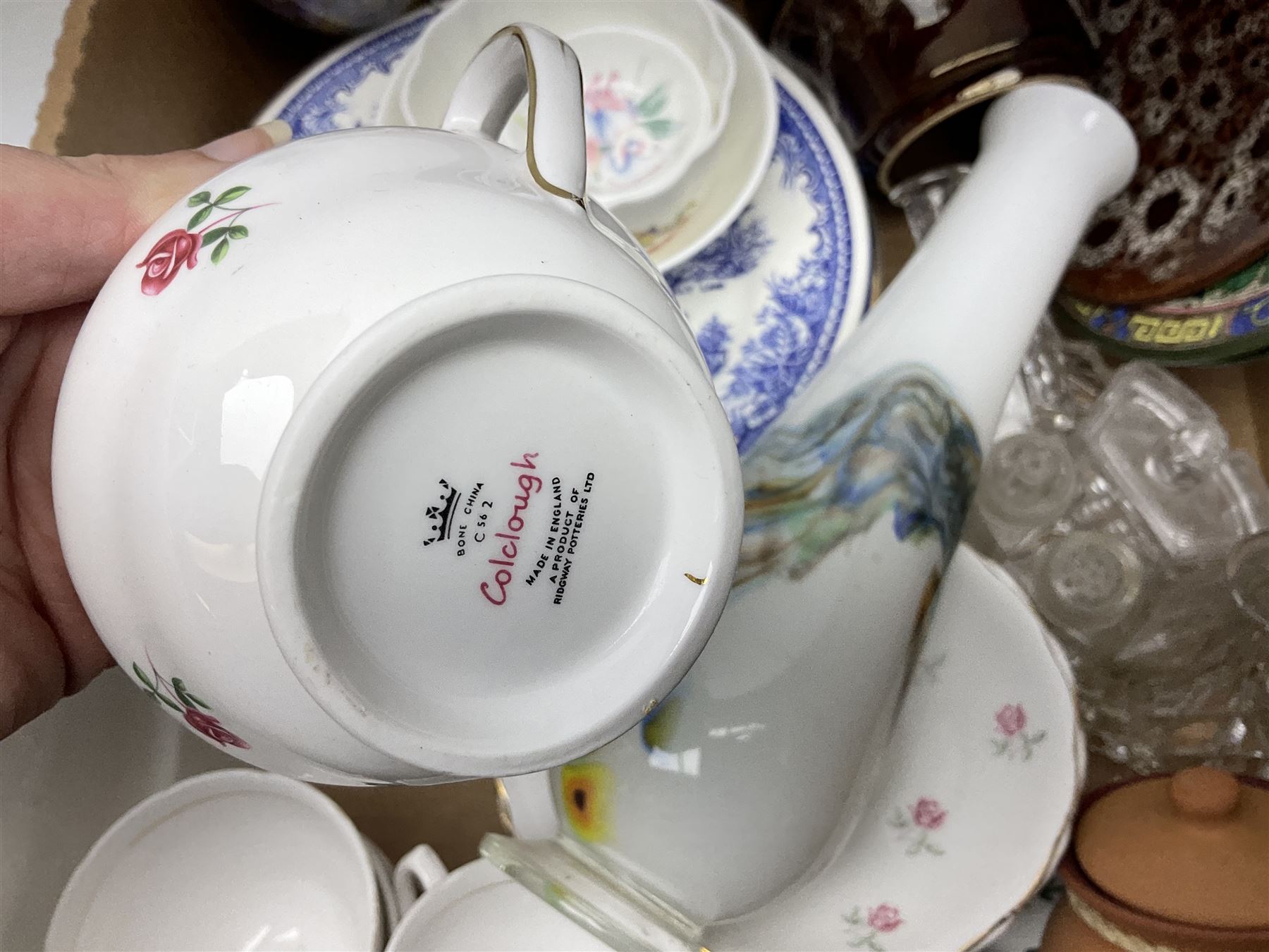 Quantity of ceramics to include Kernewek Cornwall tea wares, pair of Royal Doulton Islamic series plates, sage green Wedgwood Jasperware, Coclough tea wares, glassware etc in two boxes