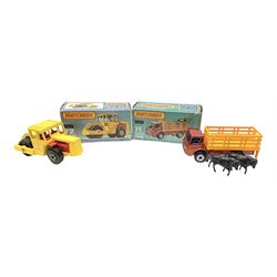 Matchbox/Superfast - nine '1-75' series models comprising 64d Fire Chief car, 65e Airport Coach, 66f Tyrone Malone Superboss, 68e Chevrolet Van, 69e Security Truck, 71e Cattle Truck, 72d Bomag Road Roller, 75c Alfa Carabo and 75e Helicopter; all boxed; and eight unboxed and playworn models (17)