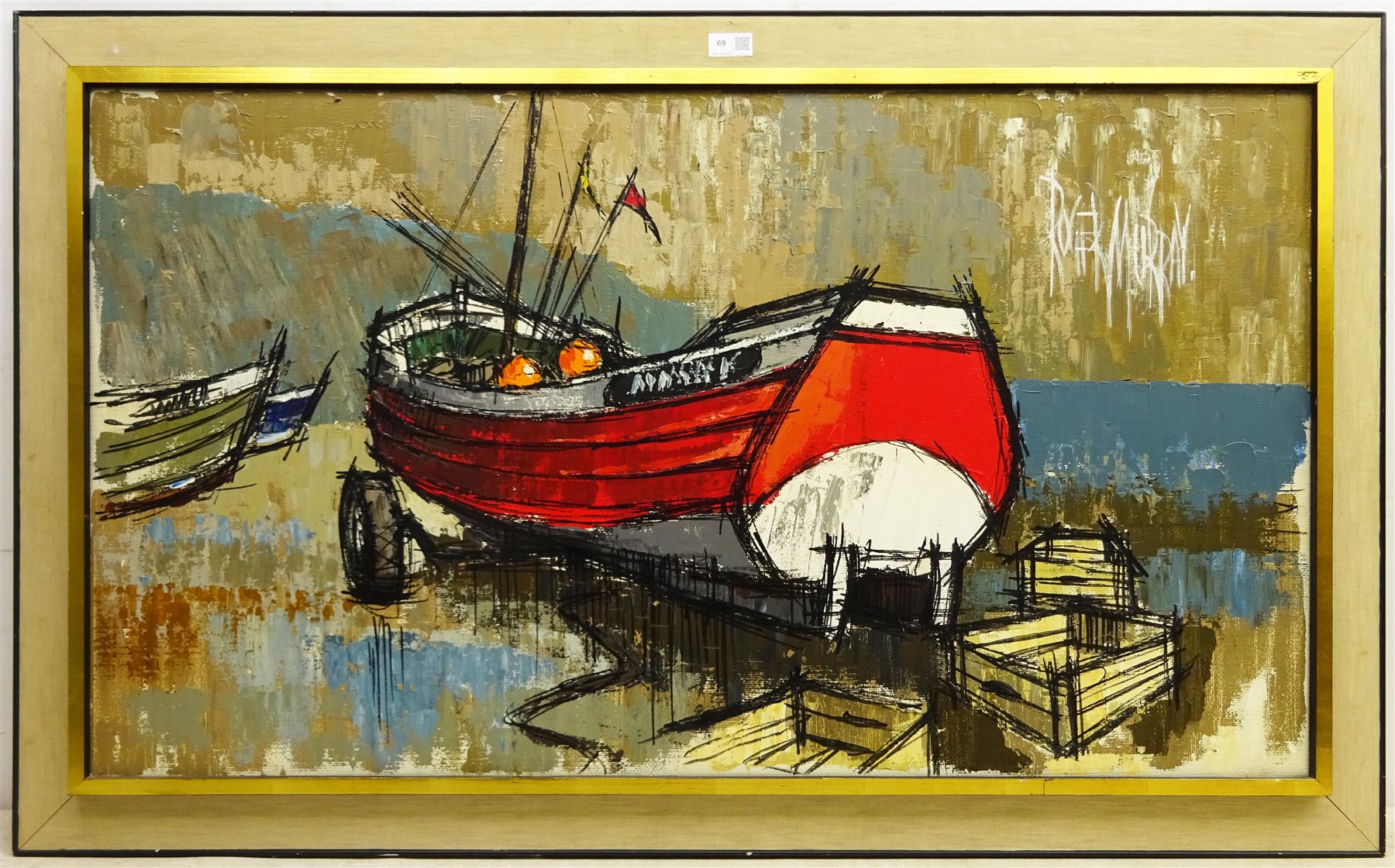 Roger Murray (British Contemporary): 'Red Cobble', oil on canvas signed, titled signed and dated May '68 verso,  60cm x 106cm
Notes: Born in Manchester Murray has had a very varied life and career, in addition to being an accomplished artist having attended St Martin's School of Art, he was involved in the making of many well known TV commercials probably best known for his series of posters for London Underground during the 1980s, finally becoming CEO and Chairman of the McCann Erickson global advertising agency. During these years Roger was a Governor of the Ocean Youth Club, which was to become the largest sail training organisation in the world. In the 1960s he owned a studio in Robin Hood's Bay near Whitby where he completed many oils, watercolours and ink drawings  

