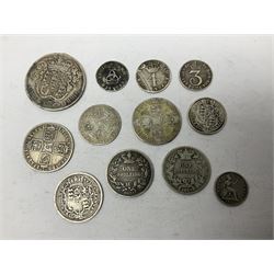 Charles II 1679 maundy three pence, William III 1700 maundy four pence, Anne 1711 shilling, George II 1758 shilling and further silver coinage of George III and George IIII