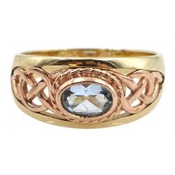 Clogau 9ct yellow and rose gold Celtic design single stone oval aquamarine ring, hallmarked, in original box 