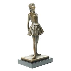 After Edgar Degas, (1834-1917), La Petite Danseuse de Quatorze Ans, small bronze figure modelled as a young female dancer, on rectangular black marble base, H18.5cm
