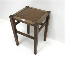 Arts and crafts oak stool, leather upholstered seat, square tapering supports, W32cm, H46cm, D32cm