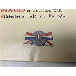 WWI group of three medals with bronze memorial plaque comprising 1914-15 Star, British War Medal and Victory Medal awarded to 16554 Pte. T. Andrew Linc. R. who died on 26th July 1916 whilst travelling to Vimy Ridge, polished and mounted for display in a frame; together with small archive of research material and two WWII V.E. Day Presentation Certificates from the people of Holbeach in Lincolnshire