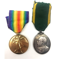  WW1 Victory medal to 2.Lieut. A.Jackson, and an Edward Vll Territorial Efficiency Medal to 126 Sgt.: W.J.Eagle.4/Oxf:&Bucks:L.I, both with ribbons (2)  