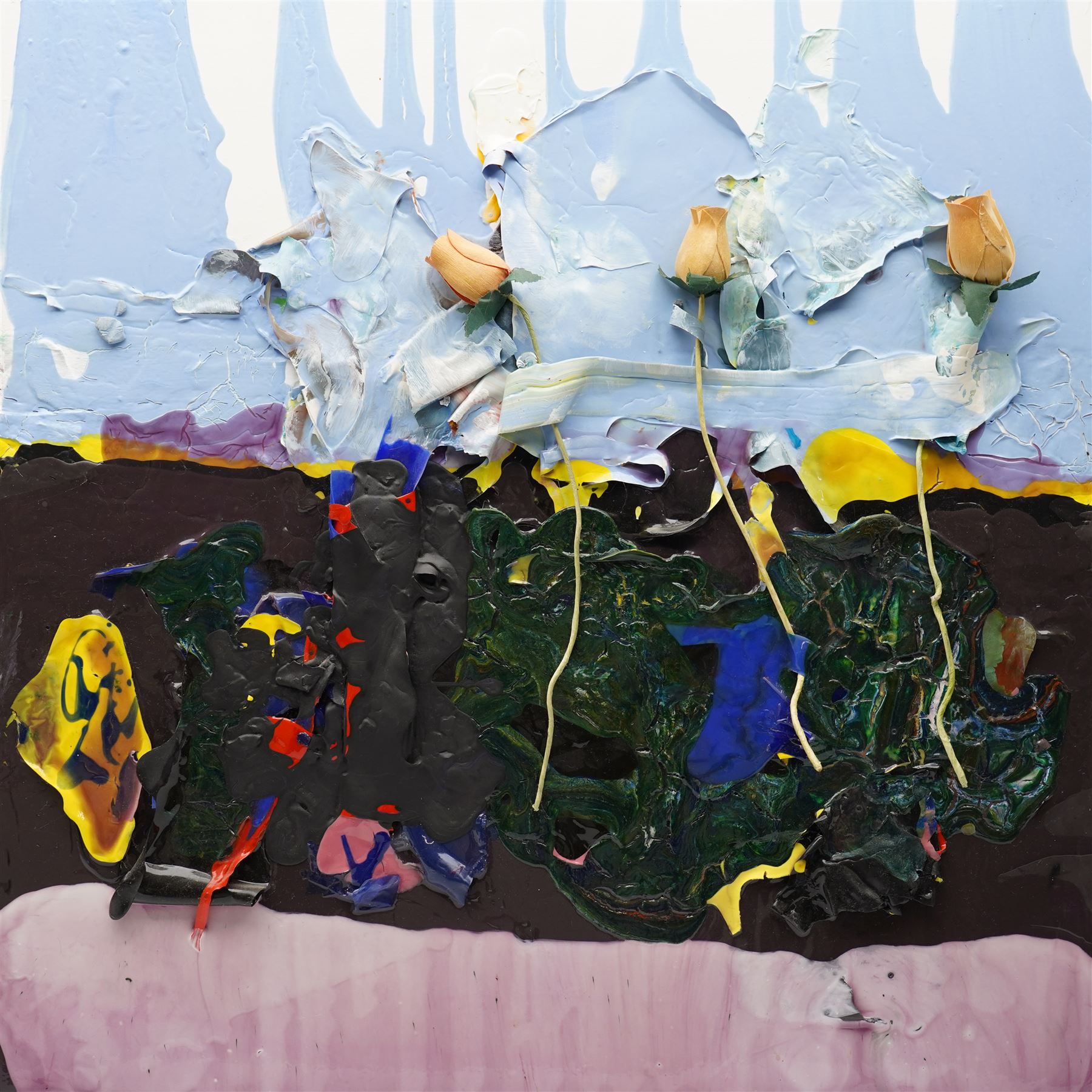 Gillian Ross Kelsey (British 1935-2025): 'Three Tulips', mixed media on board, signed and titled verso 61.5cm x 61.5cm