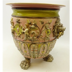  Large Victorian style jardiniere moulded with winged cherubs amongst foliage with two lion mask handles on three claw feet, H45cm x D45cm   