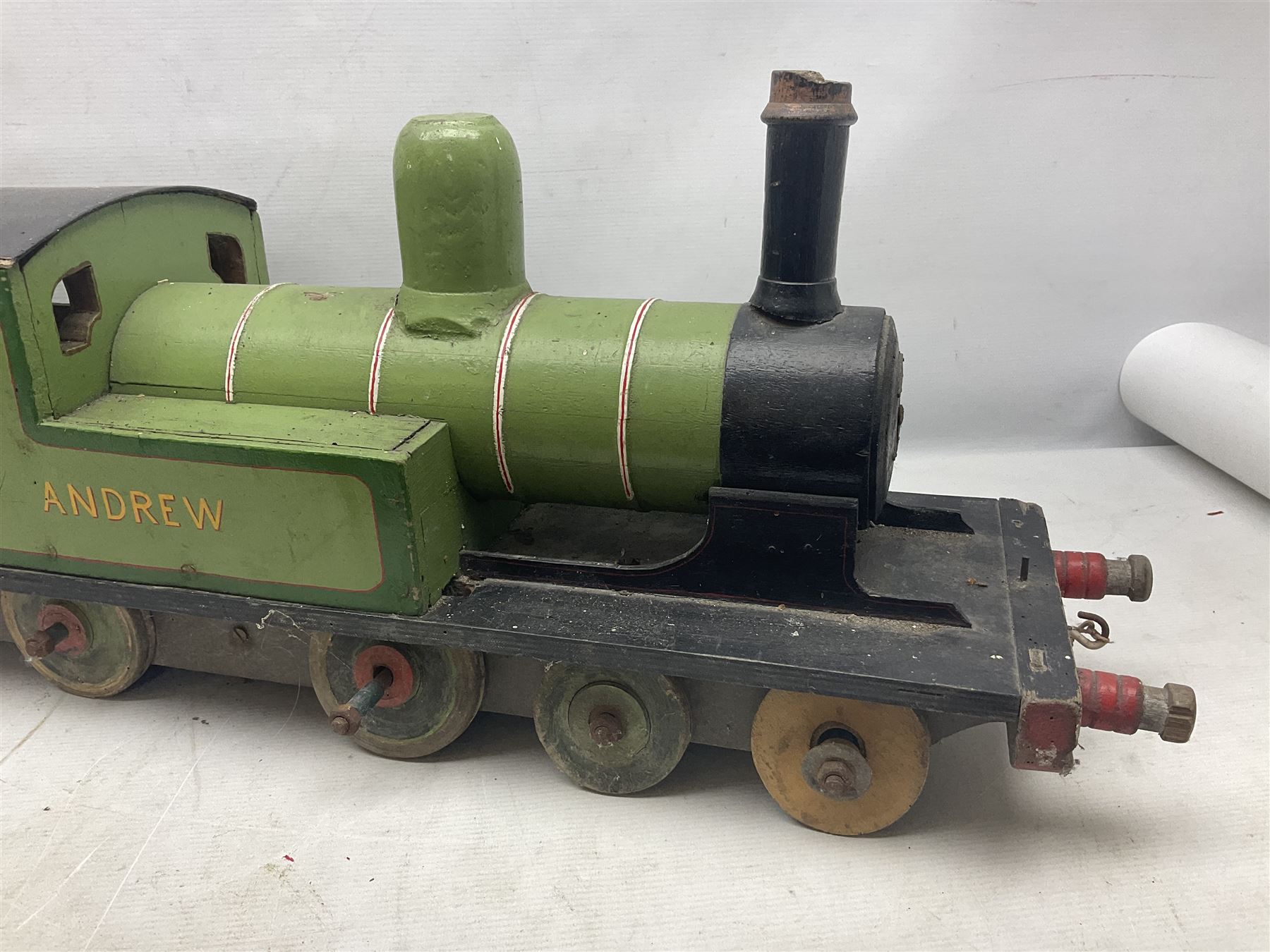 1960s scratch-built green, black and red painted wooden model of a 4-6-0 tank locomotive 'Andrew' No.7365 L88cm; and an unused wall mounting die-cast model display cabinet with glass door and shelves 52 x 40cm (2)