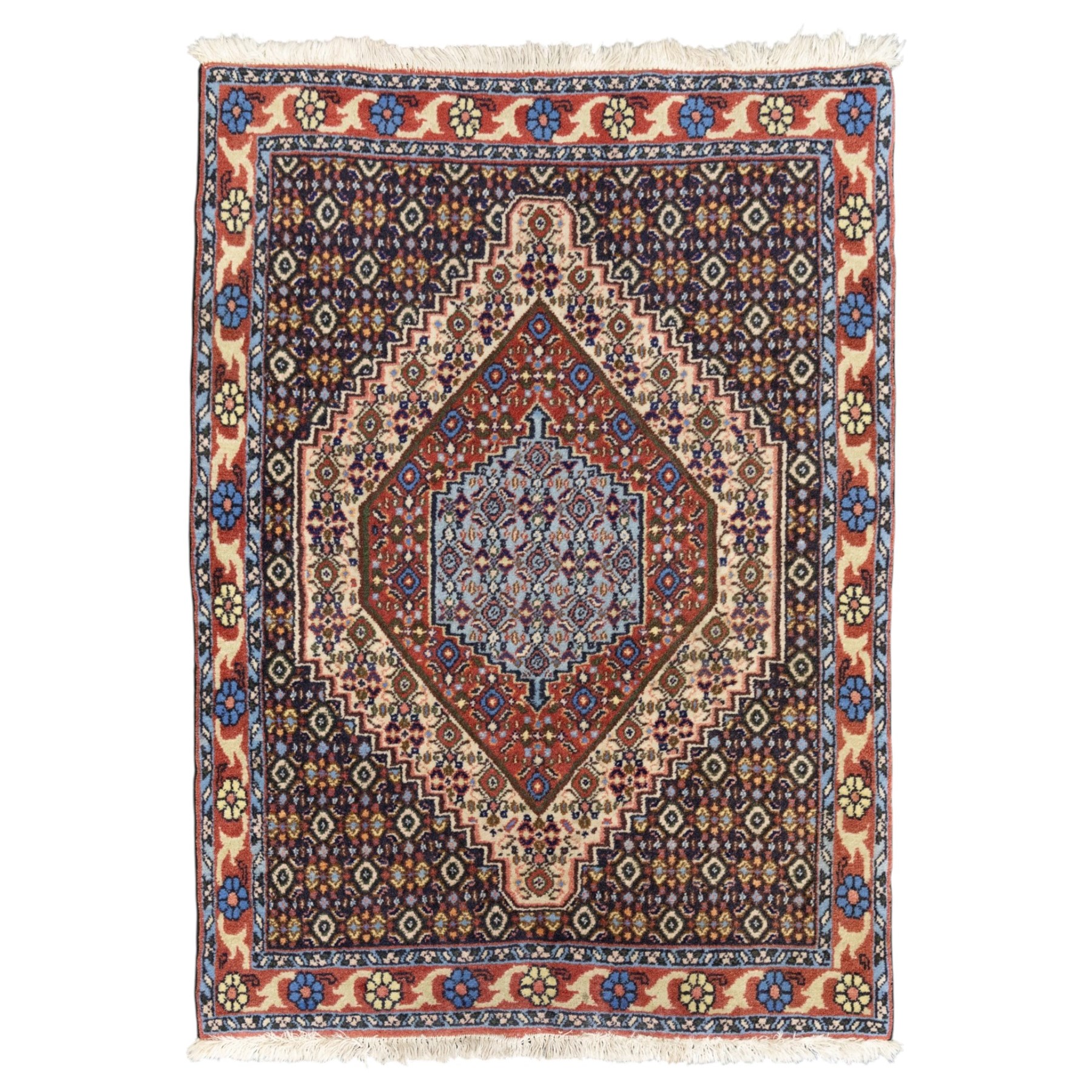 Persian Bijar prayer rug, dark brown ground with all-over Herati design surrounding a rust and pale blue central medallion, cream inner border and rust floral outer border