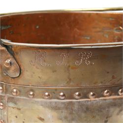 Riveted copper bucket with swing handle, marked with initials and 1864 H31cm x D34cm