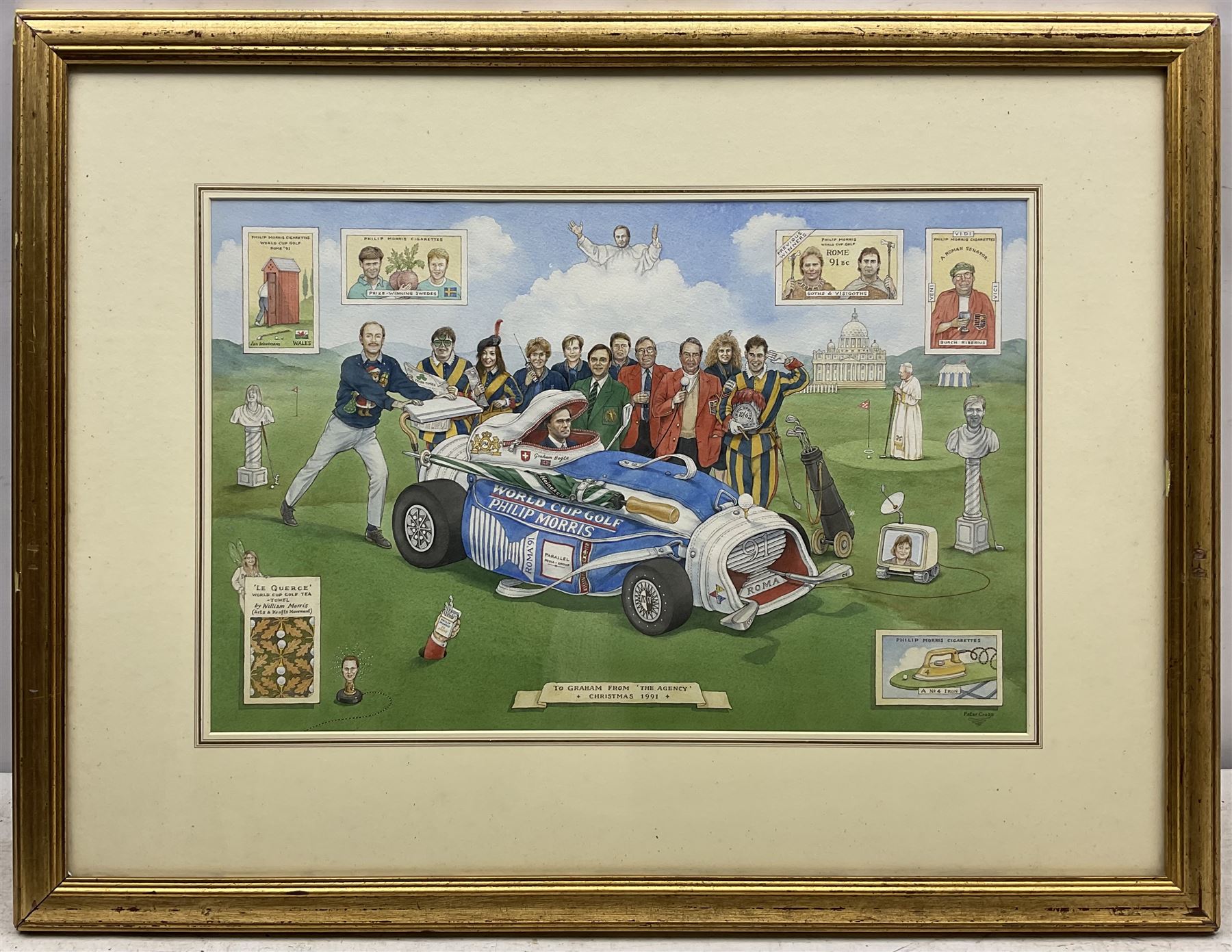 Peter Cross (British 1951-): 'Philip Morris - World Cup Golf', watercolour signed and dated 1991, 33cm x 50cm 
Provenance: dedicated 'To Graham [Bogle] from 'The Agency' Christmas 1991'; used as an original illustration for Country Life Magazine.