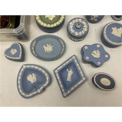 Wedgwood Jasperware to include lilac trinket box with original box, light blue vases, trinket dishes, boxes etc, together with a walnut box, coins and other collectables 