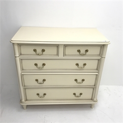 Laura Ashley cream finish chest, two short and three long drawers, turned supports, W91cm, H88cm, D48cm