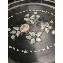 Two copper bed warming pans, silver plated teapot, mother of pearl inlaid tray and other metal ware