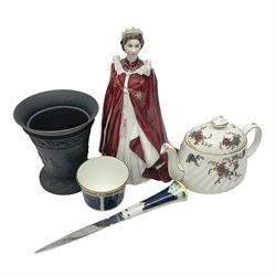 Royal Worcester figure of Queen Elizabeth to commemorate her 80th Birthday, together with a Royal Worcester commemorative cup and letter opener, Minton teapot and a Wedgwood Jasperware black basalt vase
