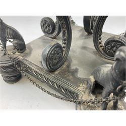 Pewter centrepiece stand, possibly John Round & Son of Sheffield, figured with four hounds linked by chains to their collars surrounding four scrolled branches with floral terminals supporting the raised stand, upon gadrooned base and feet, stamped 'JR & S S' beneath
