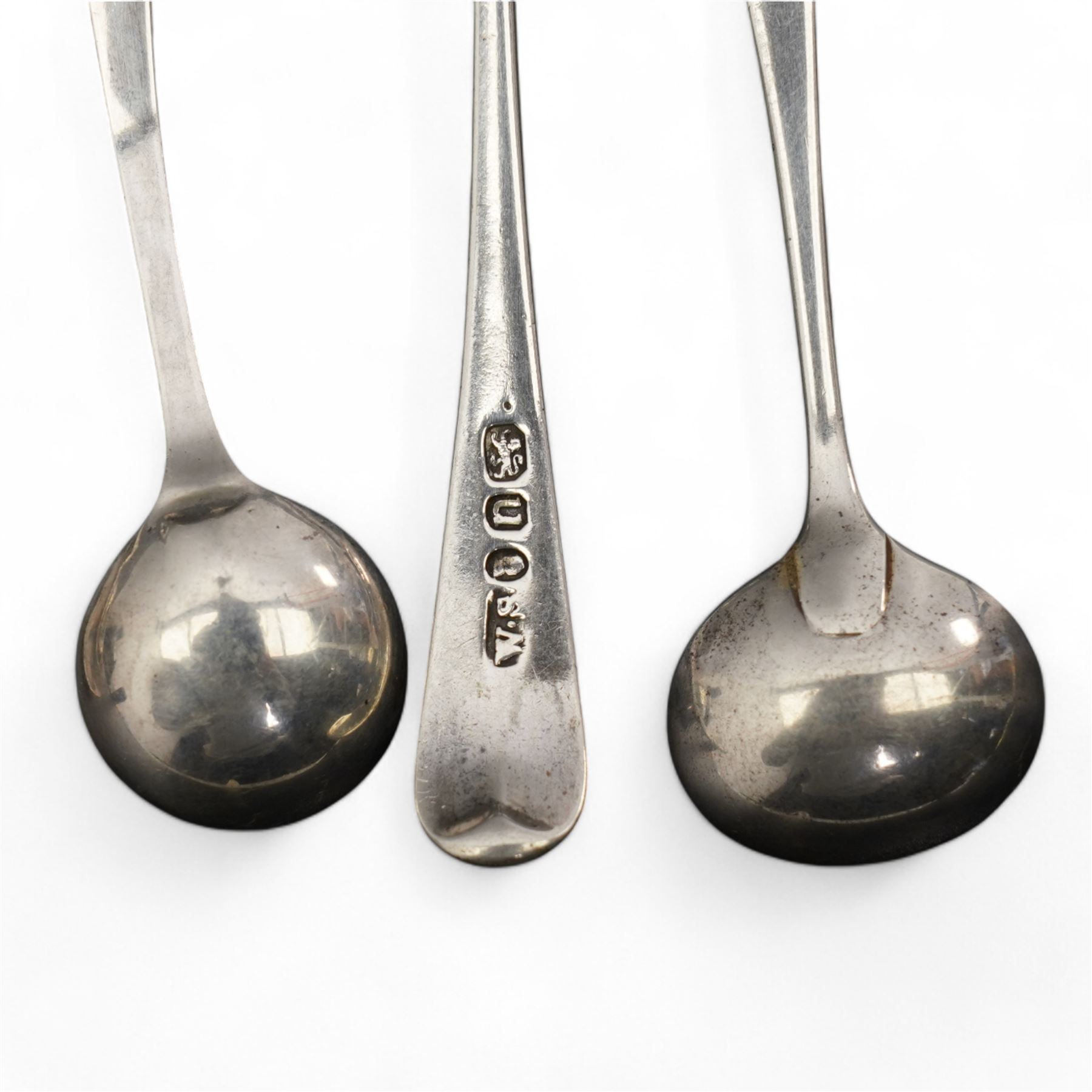Four 19th century salt spoons and six small silver condiment spoons