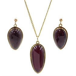 Victorian 15ct gold mounted pear shaped garnets, later converted into pendant stud earrings and matching pendant necklace