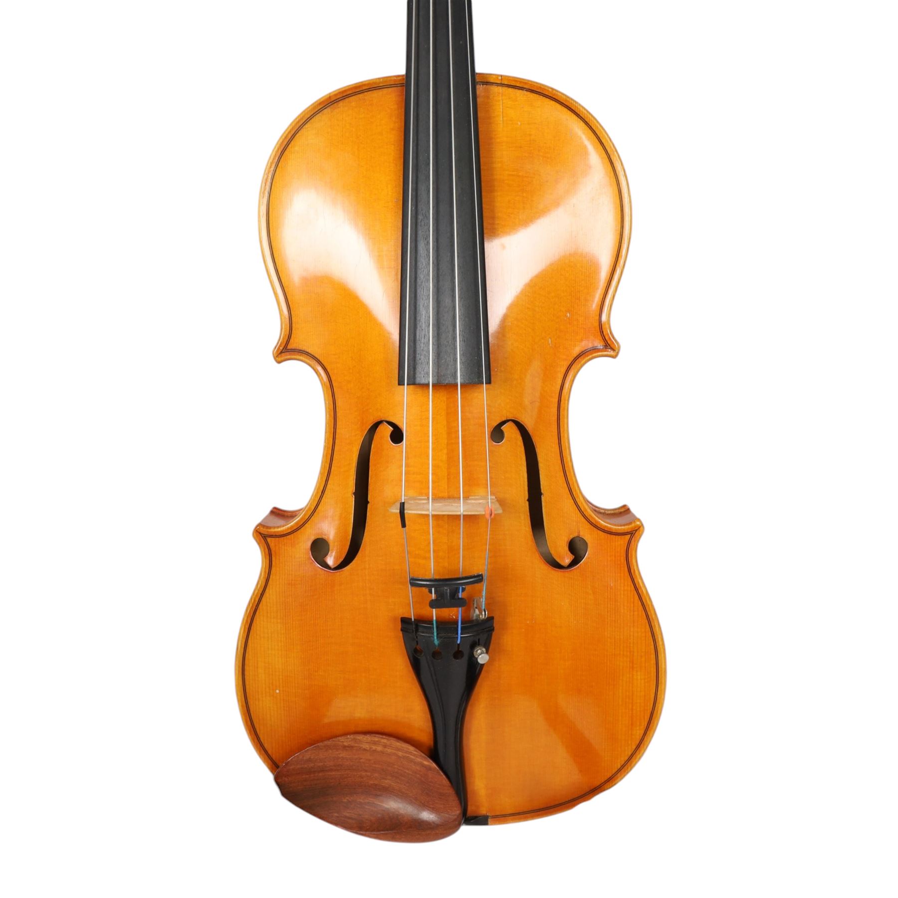 Late 20th century German full size viola, labelled to interior 'Walter Muller Bad Brambach 1976 made in GDR' with two-piece back, ebonised finger board, tuning pegs and tail piece, with a carved scroll and two bows, in hard fitted case, back length 16 inches