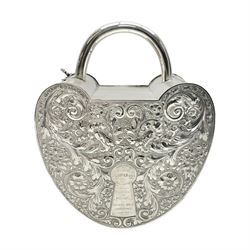 Silver plated, tea caddy, in the form of a heart, with repousse decoration, presented to H Whitcombe, H20cm