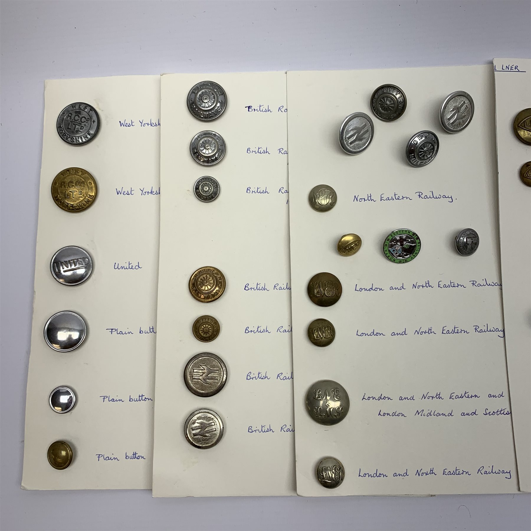 BR North Eastern Ticket Collectors totem cap badge and a similar British Railway badge, both by J.R.Gaunt, a North East Railway enamel pin badge British Railways cap badge, and a collection of Railway, Police and Bus Co. buttons, etc