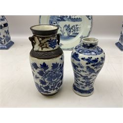 Chinese crackle glaze vases of baluster form decorated in blue with flowers and birds, together with a pair of oriental blue and white obelisks, a porcelain tea bowl and other oriental ceramics, obelisks H34cm    