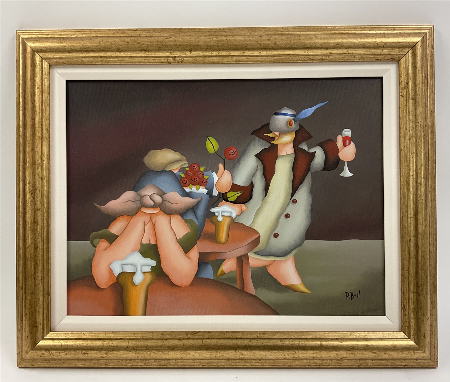 Peter Bell (Hull Contemporary): Ladies at the Pub, acrylic on canvas signed 29cm x 39cm 