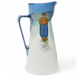 Royal Doulton series ware, comprising Dutch Ruysdael `Two Men Discussing A Letter' pitcher, H33.5cm, Bayeux Tapestry plate and jug, and various Coaching Days items including a biscuit barrel with silver plate cover 