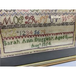Victorian sampler, worked by Sarah Ann Duggleby, dated August 1864, depicting lines of alphabet, framed and glazed, by vendor repute Beswick Hall provenance, overall H46cm L43cm