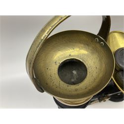 Set of Weylux Prince cast iron and brass weighing scales with weights, together with three copper and brass warming pans and other metal ware