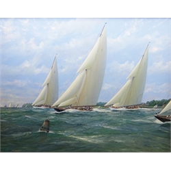  Michael J Whitehand (British 1941-): 'Shamrock Britannia and Cambria Racing in the Solent', oil on canvas signed, titled verso 99cm x 124cm  DDS - Artist's resale rights may apply to this lot  