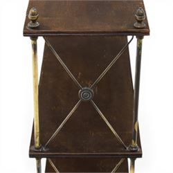 Regency brass and mahogany wall shelves circa 1820, the three shelves contained within a brass cross brace with brass finials, with wall fixings 
