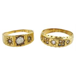 Victorian 18ct gold diamond and split seed pearl ring, Birmingham 1892 and an 18ct gold foiled back rose cut diamond and split pearl ring, London 1875