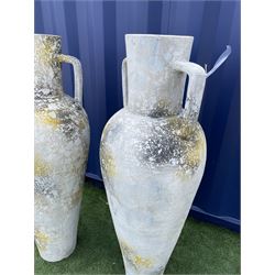 Pair terracotta tall garden urn vases with handles, distressed weathered finish  - THIS LOT IS TO BE COLLECTED BY APPOINTMENT FROM DUGGLEBY STORAGE, GREAT HILL, EASTFIELD, SCARBOROUGH, YO11 3TX