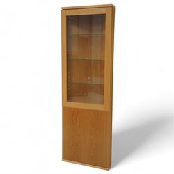 Skovby - light oak veneered display corner cabinet - SM769, with glass panelled door, three glass shelves, electric light, cupboard door with internal shelf 