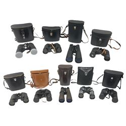 Nine cased pairs of binoculars to include Lieberman & Gortz 12x50, Frank Nipole 8x56, Uniscope, Hoya mark II 8x40, Porst 8x56 etc