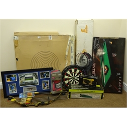  Archery target with bow and arrows, table top billiard table, boxed, dart board, three badminton racquets, pair of Everlast boxing gloves, basket balls, footballs etc  