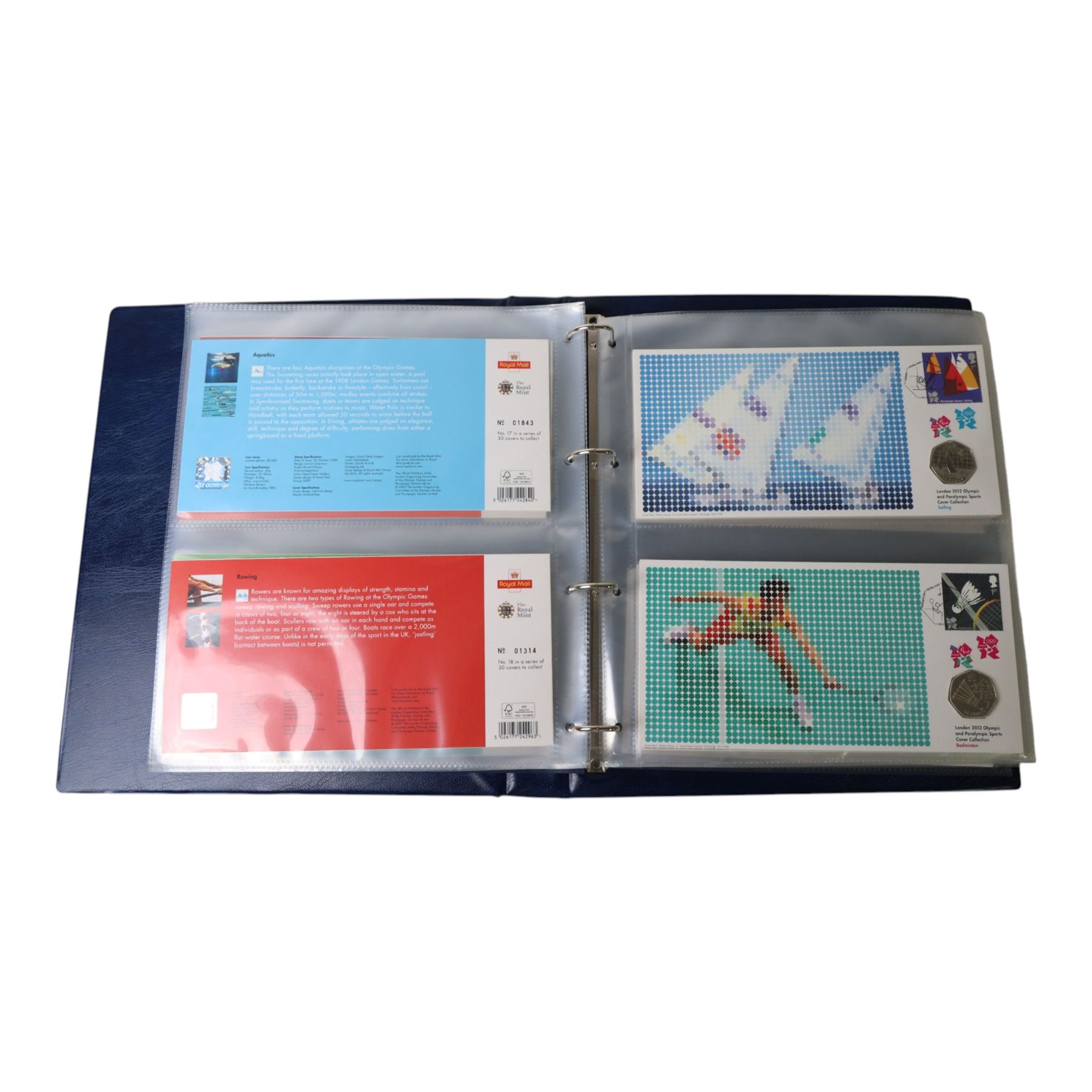 The Royal Mint and Royal Mail 'London 2012 Olympic and Paralympic Sports Cover Collection', complete collection of thirty fifty pence coin covers, housed in official Royal Mail Royal Mint ring binder folder, with the official box
