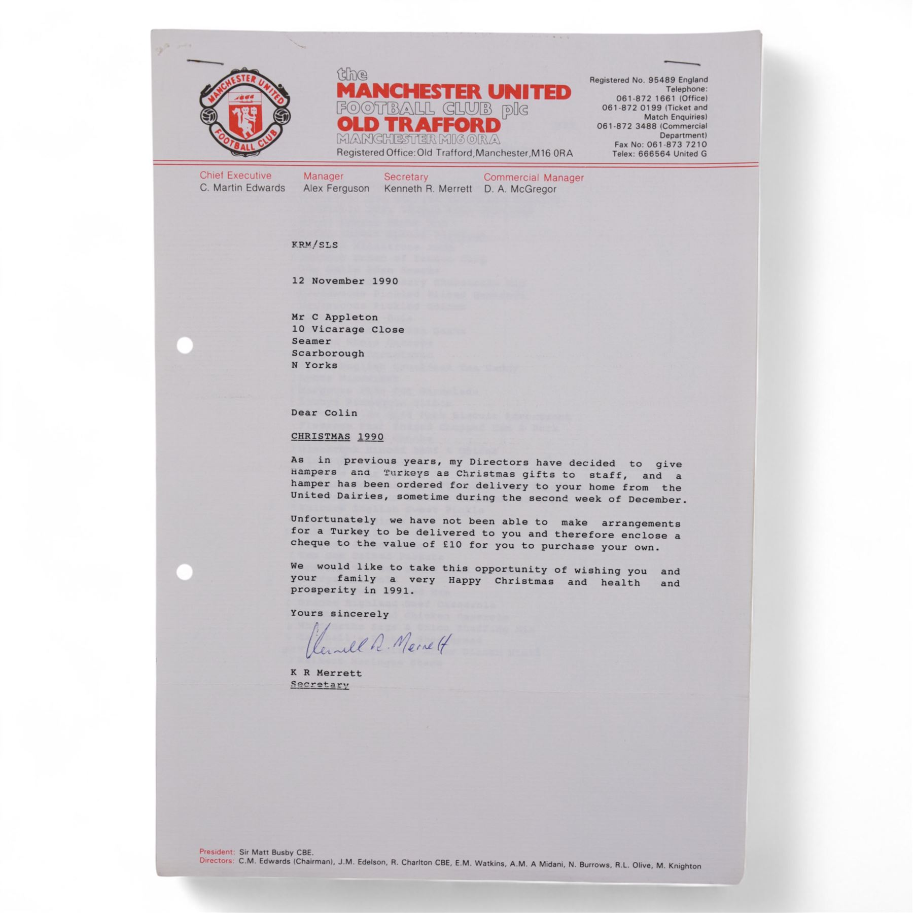 Collection of letters addressed to Colin Appleton, former Leicester City captain and Scarborough FC manger, all on Manchester United letterheads, including a hand written personal letter from former England manager Steve McClarren discussing his experiences as a Manchester United player, and from Manchester United staff members Les Kershaw Chief Scout and Ken Merrett Club Secretary, regarding Colin's time as a scout for the club, updates on player's injuries and progress during the 1990/1991 season, ticket purchases, Christmas hampers and expenses