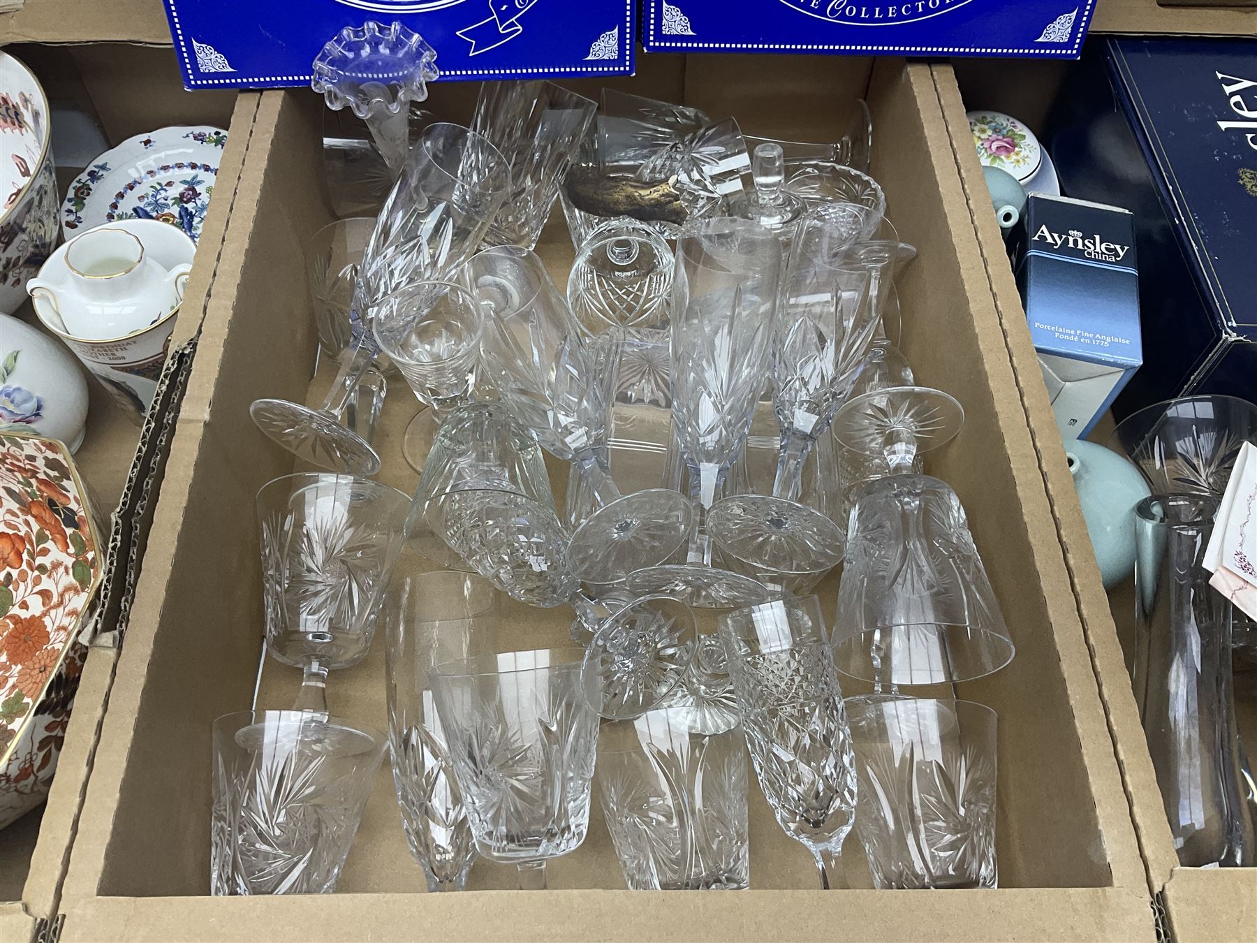 Large Coalport bowl in Hong Kong pattern, together with Coalport mask-head jug, Baccarat glass vase, and other glassware and ceramics, in three boxes 