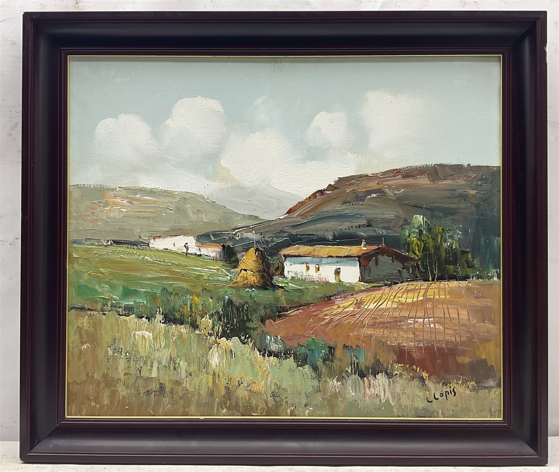 Llopis (Portuguese Contemporary): View Towards the Farm, oil on canvas signed  45cm x 54cm 
