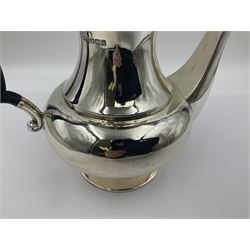 1920s five-piece silver tea service, comprising teapot, coffee pot, hot water pot, twin handled open sucrier and milk jug, each of squat circular form with shaped rim, the teapot, coffee pot and hot water pot each with ebonised handle and finial, the sucrier and milk jug with acanthus capped scroll handles, all upon circular foot, hallmarked R F Mosley & Co, Sheffield 1926 & 1927, tallest H24cm