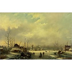 Foster (Dutch 20th century): Frozen River with a Church and Windmill Beyond, oil on canvas signed 60cm x 90cm