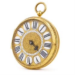 18th century French open face gilt verge fusee pocket watch by Jacques Panier, Paris, Egyptian pillars and pierced balance cock, embossed gilt dial with enamelled Roman numerals cartouches and inner enamel quarter hour track ring, the repousse back case decorated with angels in a classical setting