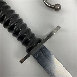 Swiss M1957 S.1.G. assault rifle bayonet, the 24cm double edged blade marked 'F over +W' for Waffenfabrik Bern and W343723, ribbed black grip and plastic scabbard L38cm; and cut down WW1 Turkish Mauser 1890/1903 pattern sword bayonet with numerous Ottoman Turkish Army marks, blade 26.5cm (Pommel has Ottoman Sultan's seal 'Tughra' - the same as on the Gallipoli Star awarded to Turks after the Gallipoli Campaign)