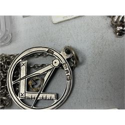 Silver mother of pearl handled fruit knife, silver jewellery including masonic pendant necklace, shell pendant, coin ring, Claddagh ring and charms etc, and a collection of ingots