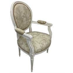 French style white painted armchair, upholstered seat, back and arms
