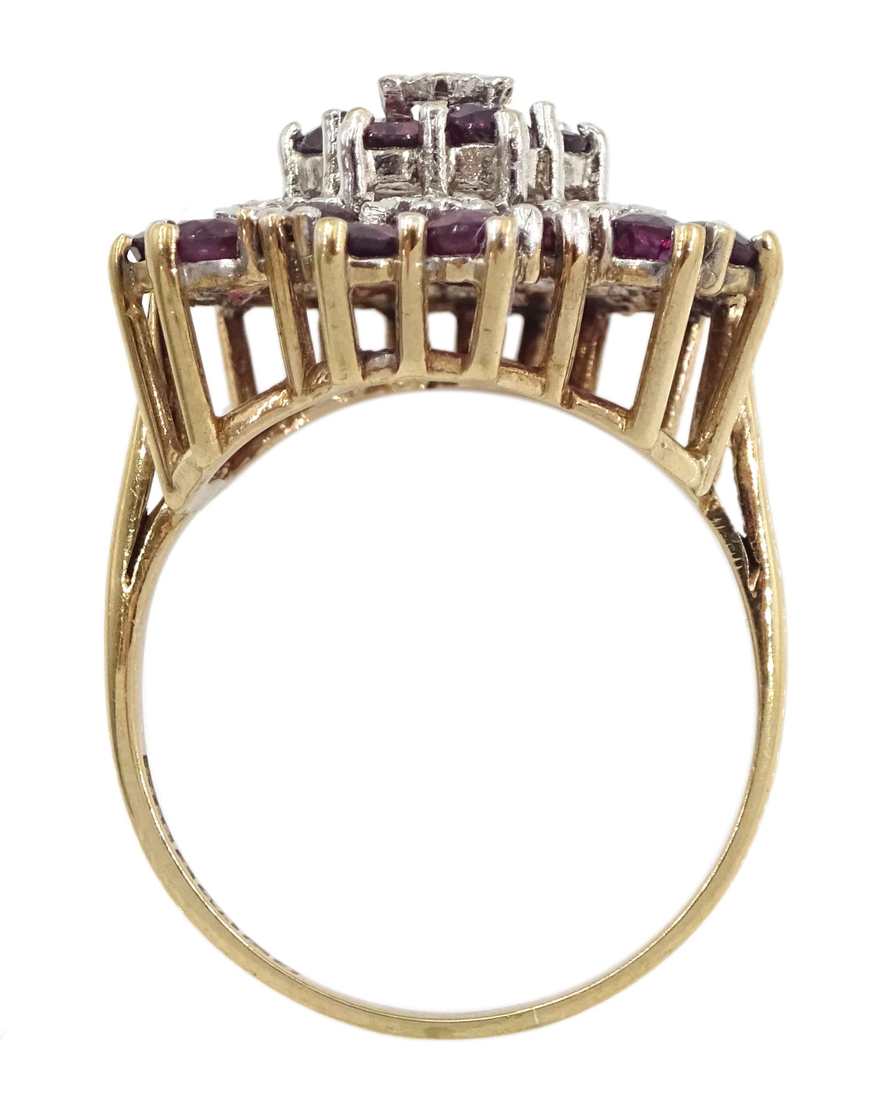 9ct ruby and diamond  flower cluster ring, Birmingham 1980