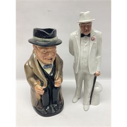 Royal Doulton Sir Winston Churchill figure HN3057, together with Winston Churchill toby jug, and three character jugs 